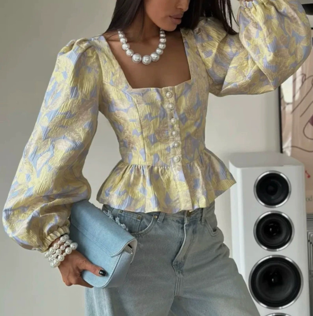 ZARA Summer Square Neck Long Sleeve Elegant Waist Cinching Button Print Blouse